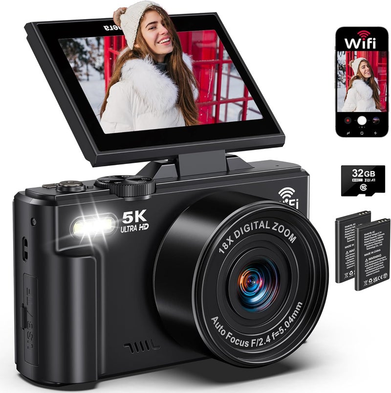 Demofit 5K Digital Camera for Photography - 75MP WiFi Vlogging Camera for YouTube - UHD 18X Zoom Digital Cameras with Flip Screen 3" 180° - Travel Flash Camara for Beginners & Adults - Image 1